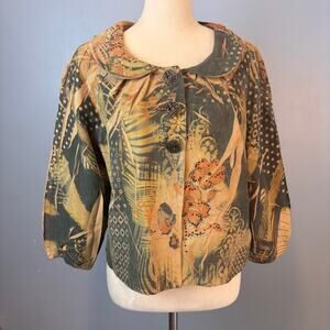 BLEU Safari Floral Print Button Blazer Women XL Blouson Sleeve Peter Pan Collar